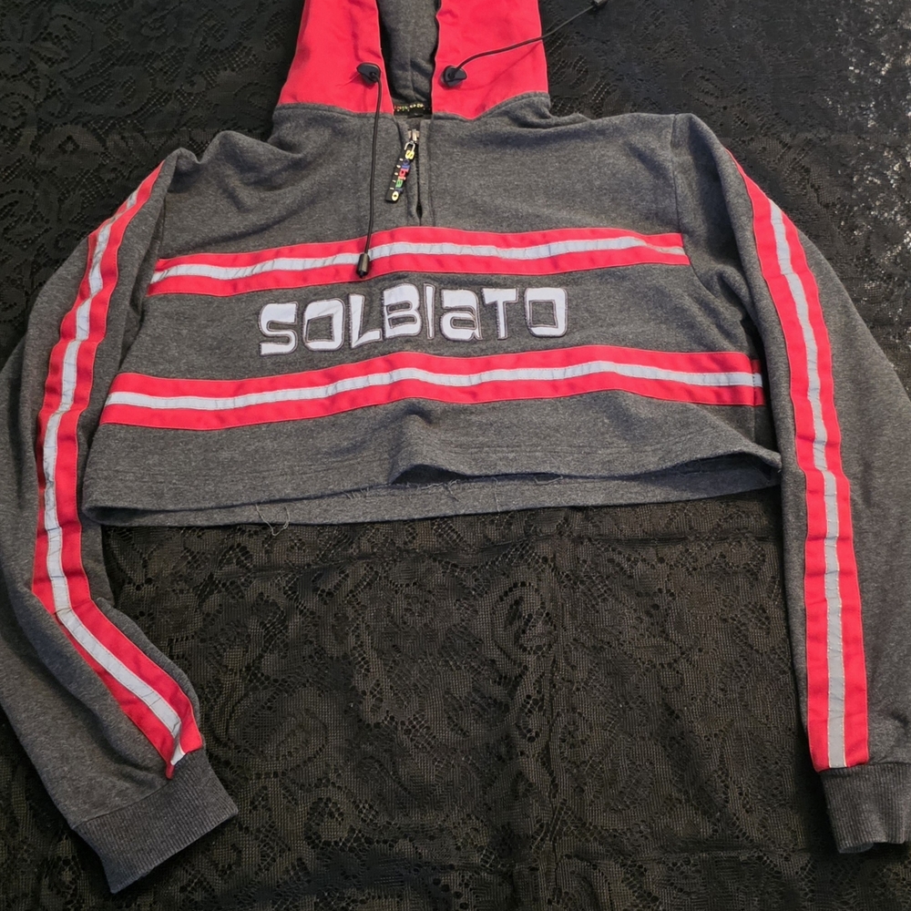 Women's Charcoal Gray Cropped Hoodie with Pink Stripe Accents